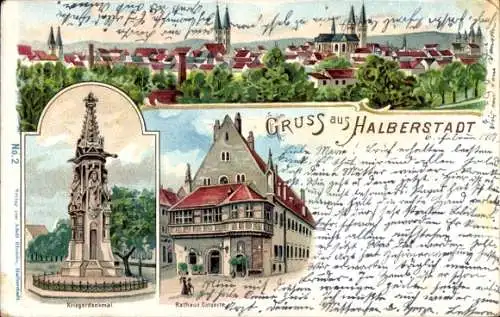 Litho Halberstadt am Harz, Totalansicht, Kriegerdenkmal, Rathaus
