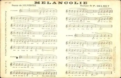 Lied Ak Melancolie, Text von Sylvestre, Musik von Paul Delmet