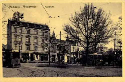 Ak Hamburg Nord Winterhude, Marktplatz, Litfaßsäule, Straßenbahn