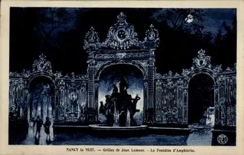 Ak Nancy Meurthe et Moselle, Nachtbild, Grilles de Jean Lamour, Fontaine d'Amphitrite