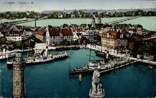 Ak Lindau am Bodensee Schwaben, Gesamtansicht, Hafen, Dampfer