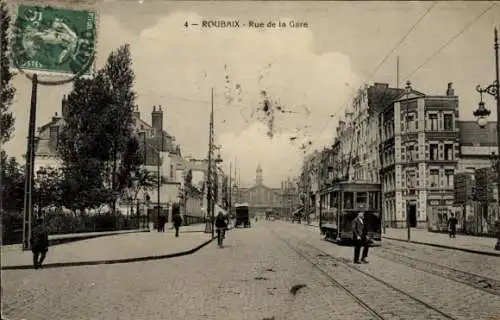 Ak Roubaix Nord, Rue de la Gare, Straßenbahn