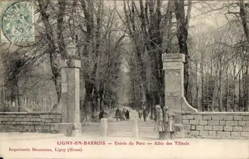 Ak Ligny en Barrois Meuse, Entree du Parc, Allee des Tilleuls