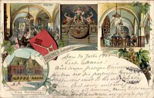 Wappen Litho Hansestadt Bremen, Gasthaus Ratskeller, Rathaus, Innenansicht