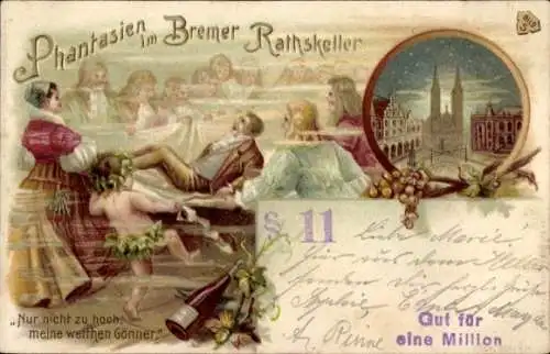 Litho Hansestadt Bremen, Phantasien im Bremer Ratskeller, Weintrauben, Kirche