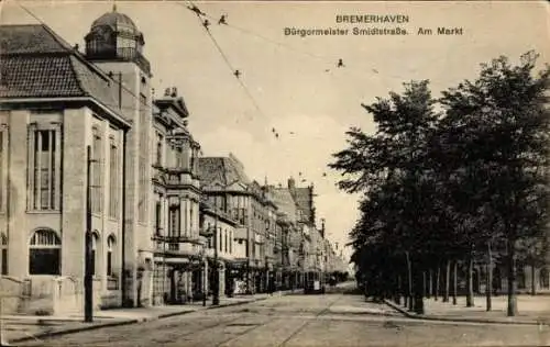 Ak Bremerhaven, Bürgermeister Smidtstraße, Markt, Straßenbahn