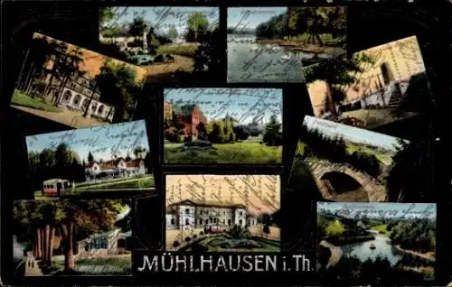 Ak Mühlhausen in Thüringen, Teilansichten, Stadtpark, Schwanenteich, Bahnhof, Goldfischteich