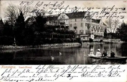 Ak Konstanz am Bodensee, Blick vom Wasser auf das Insel Hotel, Ruderboot