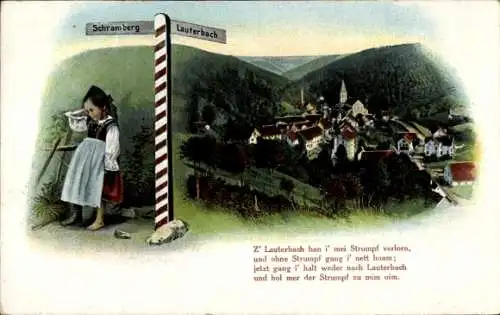 Ak Lauterbach im Schwarzwald, Kind in Tracht am Wegweiser, Strumpf verlorn, Berge