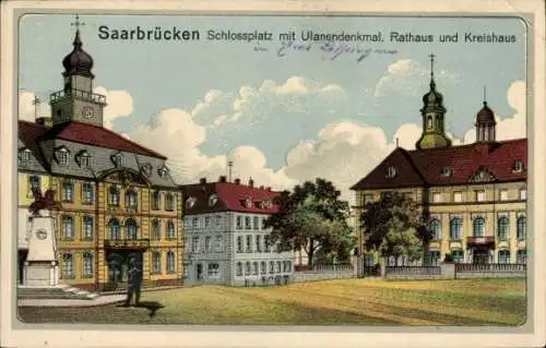 Litho Saarbrücken im Saarland, Schlossplatz mit Ulanendenkmal, Rathaus und Kreishaus