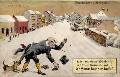 Ak Offenbach am Main Hessen, Frankfurterstraße im Jahr 1836, Winteransicht, Mann, Hunde