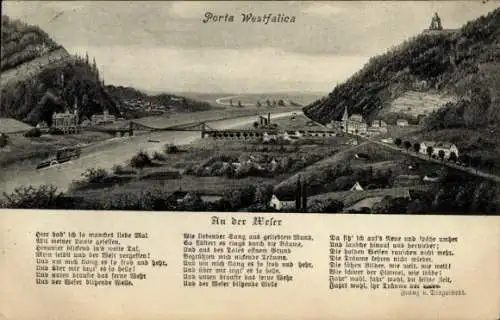 Ak Porta Westfalica an der Weser, Panorama, Gedicht An der Weser, Franz v. Dingelstedt