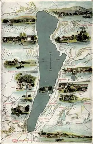 Landkarten Ak Starnberg, Rosen Insel, Traubing, Bernried, Seeshaupt