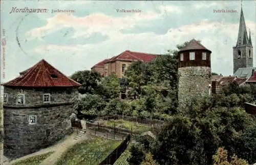 Ak Nordhausen am Harz, Judenturm, Volksschule, Petrikirche
