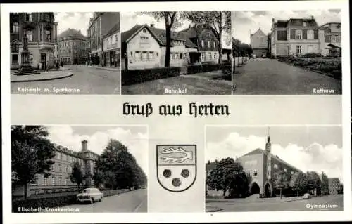 Ak Herten, Kaiserstraße, Sparkasse, Bahnhof, Rathaus, Elisabeth Krankenhaus, Gymnasium, Wappen