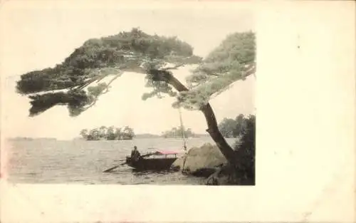 Ak Japan, Wasserpartie, Ruderboot, Baum
