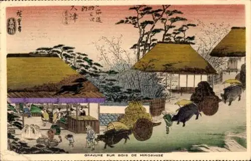 Künstler Ak Hiroshige, Japan, Dorfidyll, Bauern, Fuhrwerke, Wohnhäuser