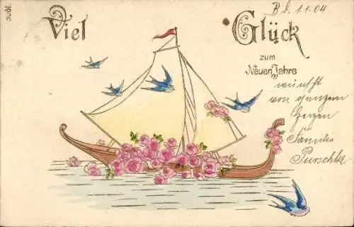 Präge Ak Glückwunsch Neujahr, Schwalben, Schiff, Blumen