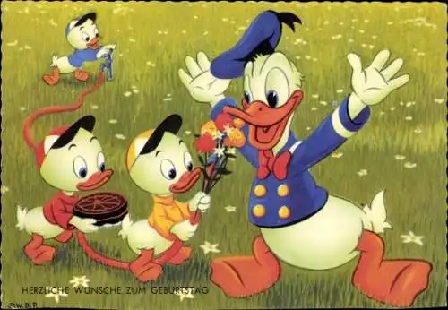 Ak Comic, Walt Disney, Donald Duck, Neffen, Tick, Trick, Track, Glückwunsch Geburtstag