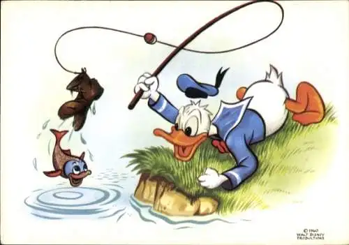 Ak Walt Disney, Comic, Donald Duck angelt einen Schuh