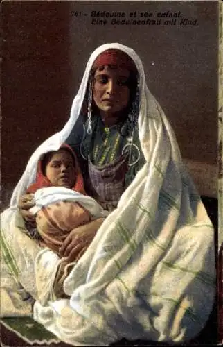 Ak Beduinenfrau mit Kind, Schmuck, Schleier