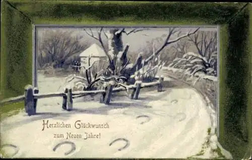 Präge Ak Glückwunsch Neujahr, Hufeisenabdrücke im Schnee