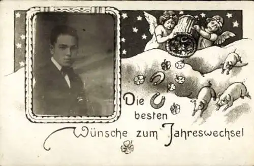 Ak Glückwunsch Neujahr, Schweine, Glücksklee, Hufeisen, Mann-Porträt, Engel
