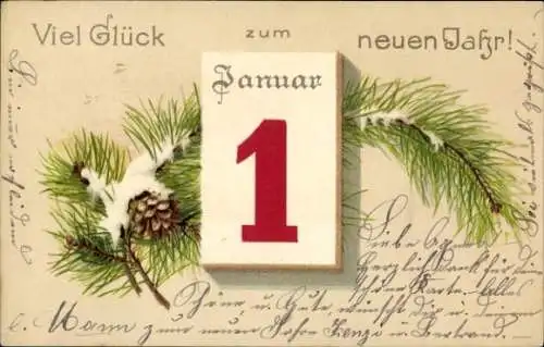 Litho Glückwunsch Neujahr, Kalender, Tannenzweige
