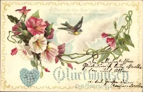 Litho Glückwunsch Namenstag, Blumen, Vogel