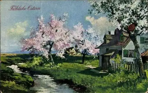 Ak Glückwunsch Ostern, Wohnhaus, Blühende Bäume