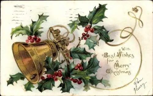 Ak Glückwunsch Weihnachten, Stechpalme, Glocke