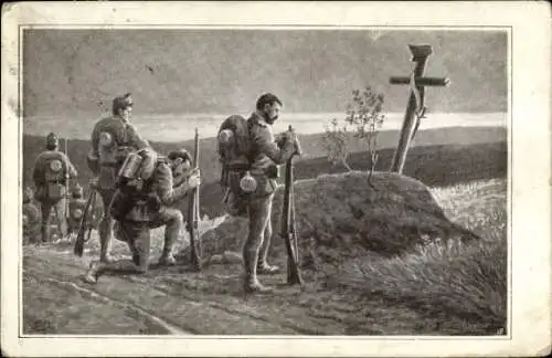 Ak Deutsche Soldaten beten am Grab eines gefallenen Soldaten, I. WK