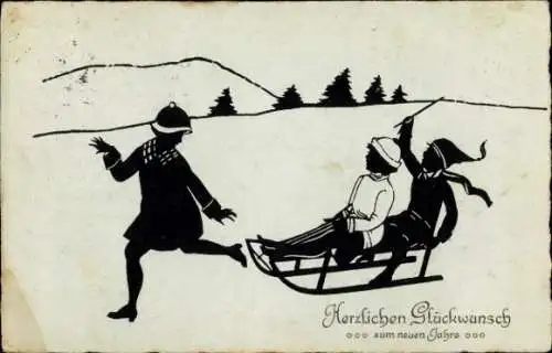 Scherenschnitt Ak Glückwunsch Neujahr, Schlittenfahrt, Kinder