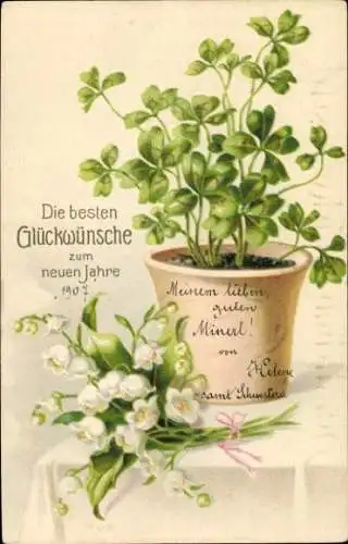 Präge Litho Glückwunsch Neujahr, Glücksklee, Maiglöckchen, Blumentopf