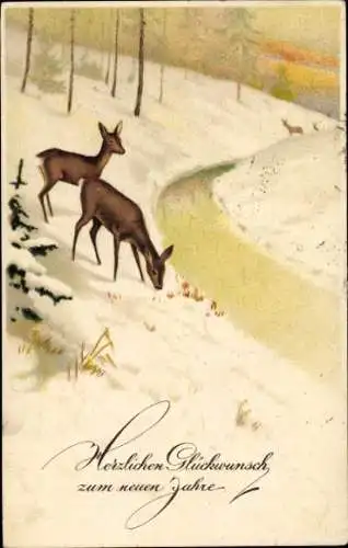 Ak Glückwunsch Neujahr, Rehe, Schnee