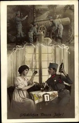 Ak Glückwunsch Neujahr, Frau und Soldat am Tisch, Geschütz