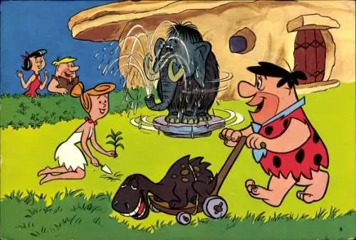 Ak Familie Feuerstein, Fred, Wilma, Gartenarbeit, Dinosaurier-Rasenmäher, Mammut
