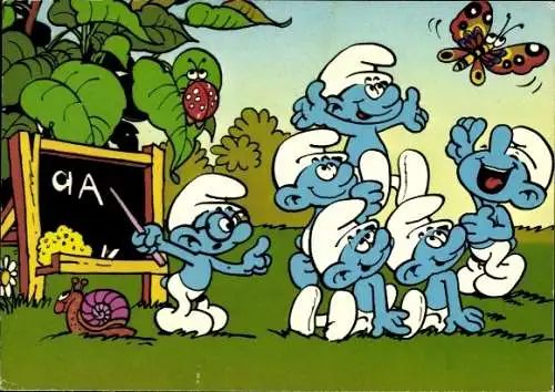 Ak Die Schlümpfe, Schlaubischlumpf, Schmetterling, Schnecke, Käfer