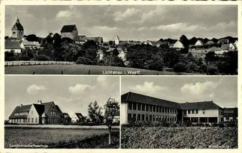 Ak Lichtenau in Westfalen, Gesamtansicht, Landwirtschaftsschule, Mittelschule