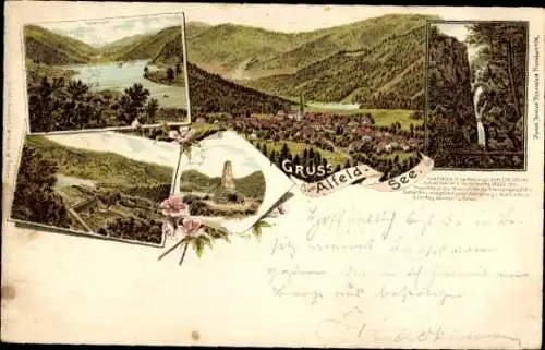 Litho Alfeld an der Leine, Alfeld See, Wasserfall, Blick auf den Ort