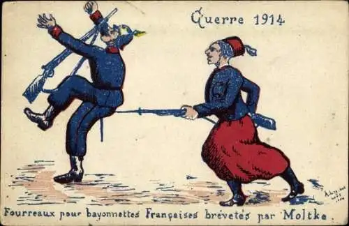 Künstler Ak Krieg 1914, Scheide für französische Bajonette, patentiert von Moltke