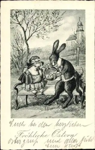 Ak Glückwunsch Ostern, Vermenschlichte Hase und Küken, Geschenk, Park