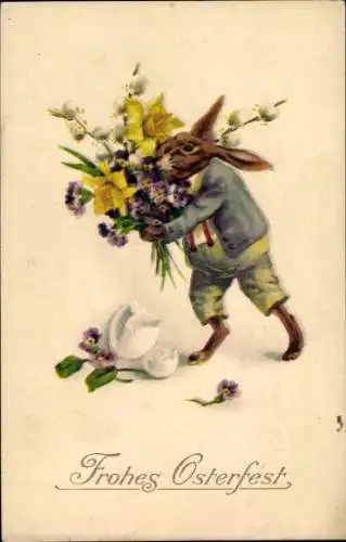 Ak Glückwunsch Ostern, Hase mit Blumenstrauß, Eierschalen