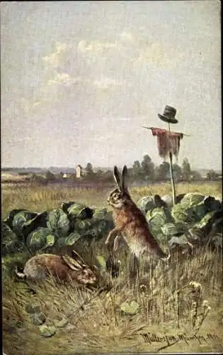 Künstler Litho Müller, Hasen essen Kohl, Gemüse, Vogelscheuche