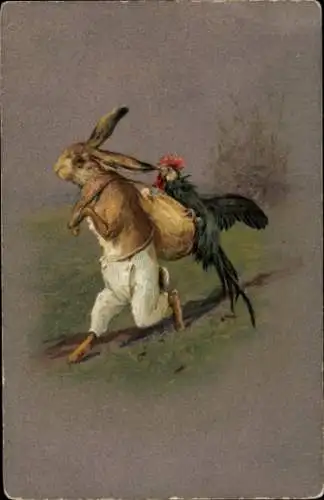 Ak Hase, Hahn im Korb, Ostereier