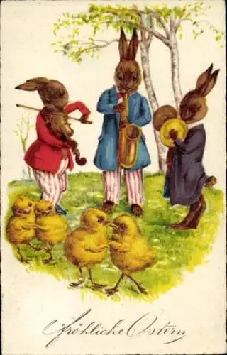 Ak Glückwunsch Ostern, Musizierende Osterhasen, Tanzende Küken, Musikinstrumente
