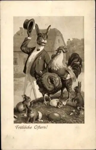 Präge Ak Glückwunsch Ostern, Osterhase, Hahn, Ostereier