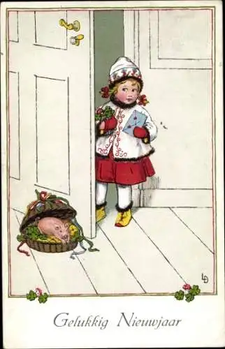 Künstler Ak Döring, L., Glückwunsch Neujahr, Kind, Schwein, Glücksklee, Korb