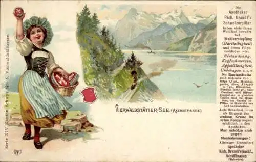 Litho Flüelen Kanton Uri Schweiz, Axenstraße, Vierwaldstättersee, Volkstracht