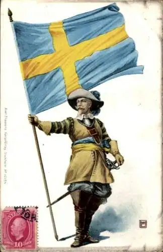 Ak Soldat mit schwedischer Fahne, Patriotik